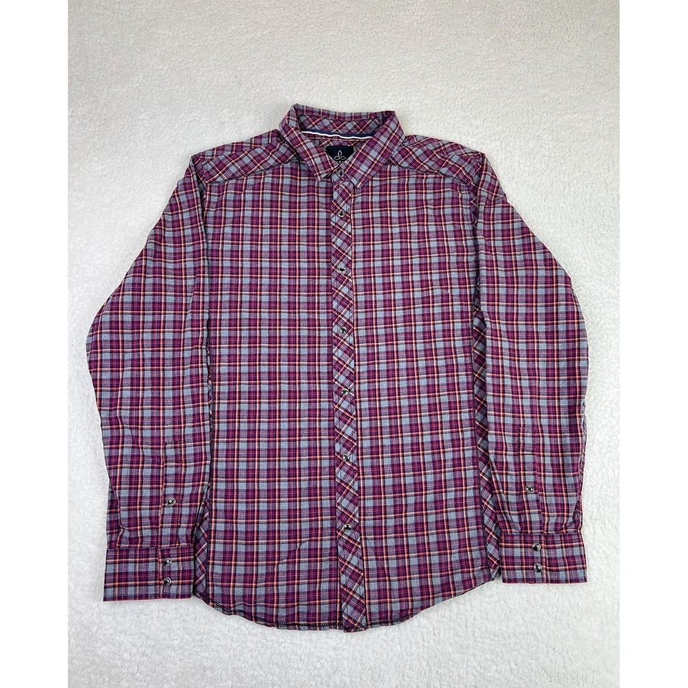 PrAna Shirt Mens Large Red‎ Plaid Archer Pearl Snap Long Sleeve Organic Cotton